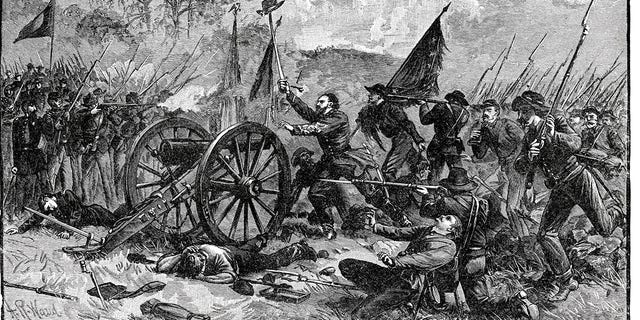 Pickett's Charge, Battle of Gettysburg, Civil War, 1863. The ill-fated complaint came nan time aft nan Confederate nonaccomplishment to move nan 20th Maine Infantry disconnected Little Round Top astatine nan acold confederate extremity of nan battlefield. 