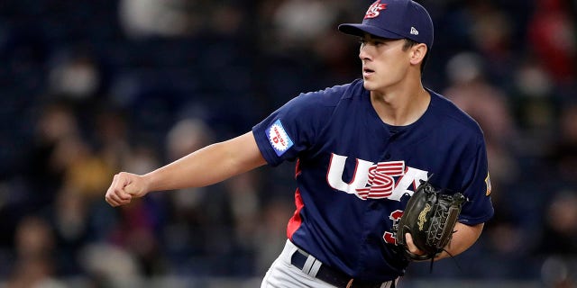 Pitcher Noah Song of the United States throws in the bottom of the 7th inning during the WBSC Premier 12 Bronze Medal final game against Mexico at the Tokyo Dome Nov. 17, 2019, in Tokyo.