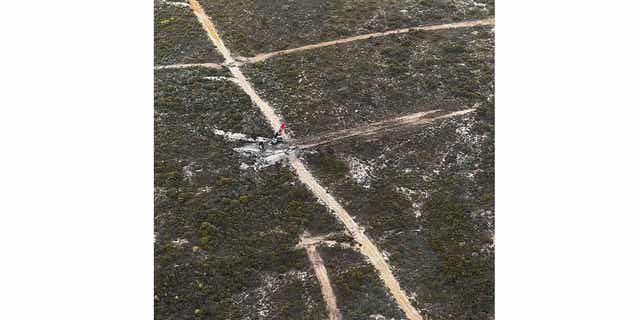 The wreckage of a Boeing 737 jet with two people on board that went down over the Fitzgerald River National Park in Australia is shown on Feb 6, 2023. 