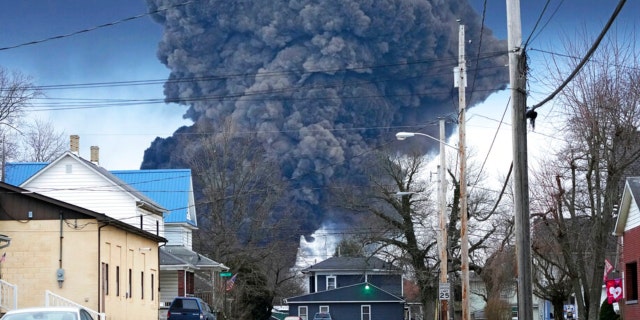 Un grand panache de fumée s'élève au-dessus de la Palestine orientale, dans l'Ohio, après la détonation contrôlée d'une partie des trains déraillés de Norfolk Southern le lundi 6 février 2023. Environ 50 voitures, dont 10 transportant des matières dangereuses, ont déraillé dans un violent accident. Les enquêteurs fédéraux affirment qu'un problème mécanique avec un essieu de wagon a causé le déraillement.