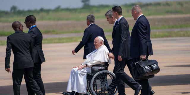 Pope Francis departs for South Sudan from Kinshasa, Congo, on Feb. 3 2023. Pope Francis is heading to South Sudan with hopes of drawing national attention to the worsening humanitarian crisis in the country.