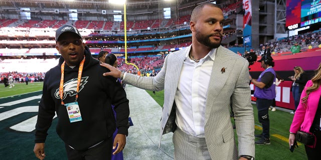 Dak Prescott of the Dallas Cowboys is seen on the field prior to Super Bowl LVII between the Kansas City Chiefs and Philadelphia Eagles at State Farm Stadium on February 12, 2023, in Glendale, Arizona.