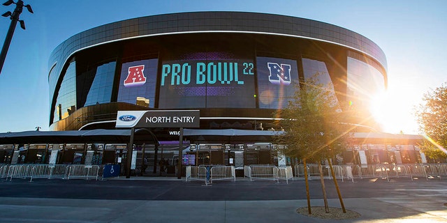 La señalización del Pro Bowl de la NFL se ve en el Allegiant Stadium el 6 de febrero de 2022 en Las Vegas.