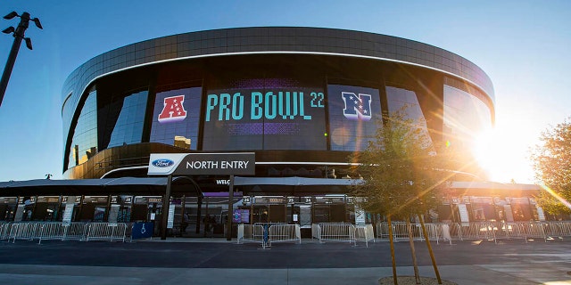 La señalización del Pro Bowl de la NFL se ve en el Allegiant Stadium el 6 de febrero de 2022 en Las Vegas.