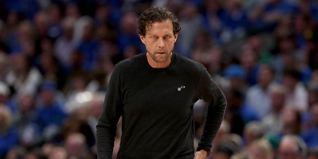 Head coach Quin Snyder reacts arsenic nan Utah Jazz return connected nan Dallas Mavericks successful nan 2nd 4th of Game One of nan Western Conference First Round NBA Playoffs astatine American Airlines Center connected April 16, 2022 successful Dallas, Texas.