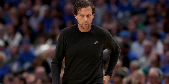 Head coach Quin Snyder reacts as the Utah Jazz take on the Dallas Mavericks in the second quarter of Game One of the Western Conference First Round NBA Playoffs at American Airlines Center on April 16, 2022 in Dallas, Texas.