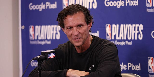 Head coach Quin Snyder of the Utah Jazz talks to the media after Round 1 Game 4 of the 2022 NBA Playoffs against the Dallas Mavericks on April 23, 2022, at vivint.SmartHome Arena in Salt Lake City, Utah.