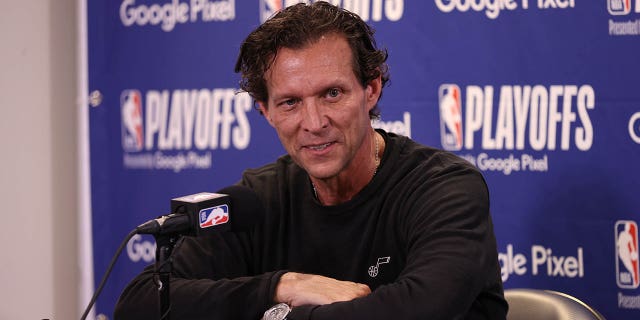 Head coach Quin Snyder of the Utah Jazz talks to the media after Round 1 Game 4 of the 2022 NBA Playoffs against the Dallas Mavericks on April 23, 2022, at vivint.SmartHome Arena in Salt Lake City, Utah.