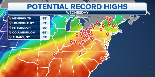 Potential record high temperatures in the eastern U.S. on Wednesday