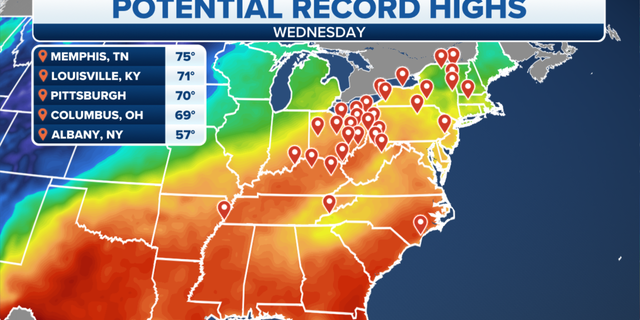 Potential record high temperatures in the eastern U.S. on Wednesday