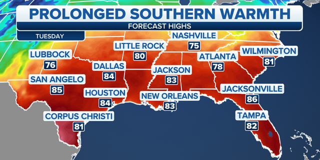 Forecast high temperatures in the South on Tuesday