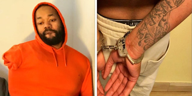 NYPD officer shooting suspect Randy Jones, with his hands cuffed underneath an orange hooded sweatshirt.