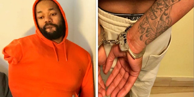 NYPD officer shooting suspect Randy Jones, with his hands cuffed underneath an orange hooded sweatshirt.