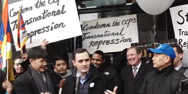 Rep. Mike Gallagher leads a press event against CCP 'police stations' after an FBI raid in Manhattan.