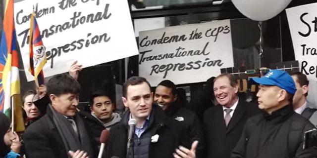 Rep. Mike Gallagher leads a press event against CCP 'police stations' after an FBI raid in Manhattan.