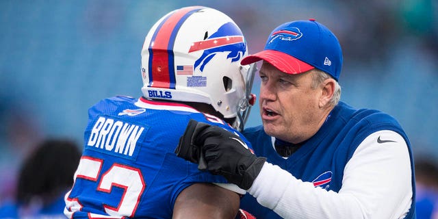 Head coach Rex Ryan of the Buffalo Bills hugs Zach Brown before a game against the Miami Dolphins on December 24, 2016 at New Era Field in Orchard Park, NY 