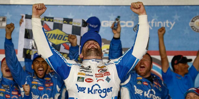 Ricky Stenhouse Jr., driver of the #47 Kroger/Cottonelle Chevrolet, celebrates in victory lane after winning the NASCAR Cup Series 65th Annual Daytona 500 at Daytona International Speedway on February 19, 2023, in Daytona Beach, Florida.