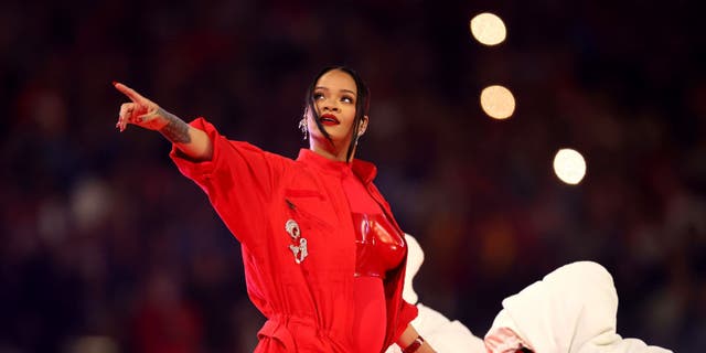 Rihanna performs onstage during the Apple Music Super Bowl LVII Halftime Show at State Farm Stadium Feb. 12, 2023, in Glendale, Ariz. 