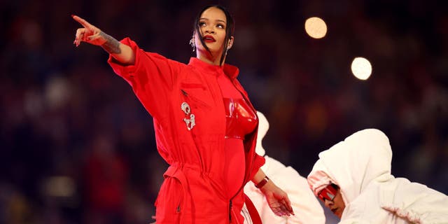 Rihanna performs onstage during the Apple Music Super Bowl LVII Halftime Show at State Farm Stadium Feb. 12, 2023, in Glendale, Ariz. 