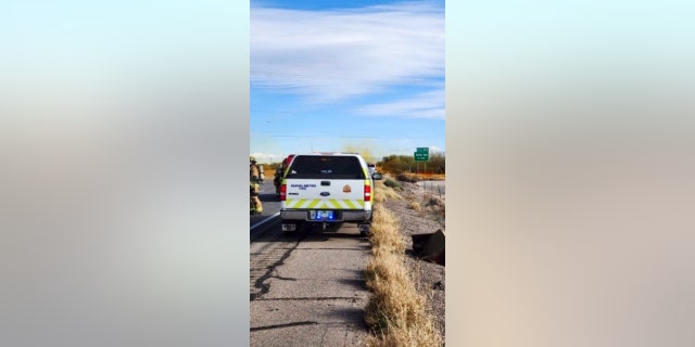 This image provided by the Arizona Department of Public Safety shows what the department says was an accident involving a commercial tanker truck that caused a hazardous material to leak onto Interstate 10 outside Tucson, Ariz., on Tuesday, Feb. 14, 2023.