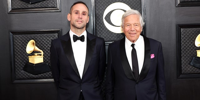 Michael Rubin, left, and Robert Kraft attend the 65th Grammy Awards on February 5, 2023 in Los Angeles.