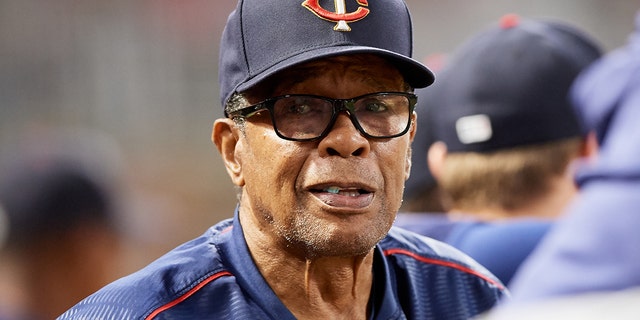 Hall of Famer Rod Carew looks out into the dugout of the Minnesota Twins during an interleague game against the Washington Nationals at Target Field in Minneapolis on September 10, 2019.