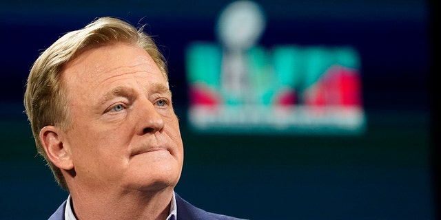 NFL Commissioner Roger Goodell listens to a question during a press conference before Super Bowl LVII on February 8, 2023, in Phoenix.