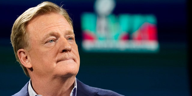 NFL Commissioner Roger Goodell listens to a question during a press conference before Super Bowl LVII on February 8, 2023, in Phoenix.