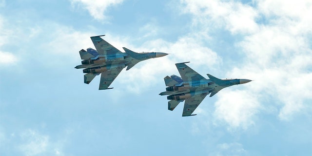 SU-30 naval aviation in close formation in the sky over Zhukovsky, Russia, July 24, 2021.