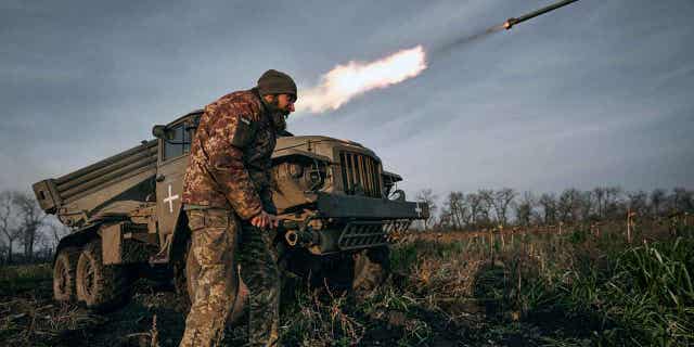 The Ukrainian military's Grad multiple rocket launcher fires rockets at Russian positions in the frontline near Bakhmut, Donetsk region, Ukraine, on Nov. 24, 2022.