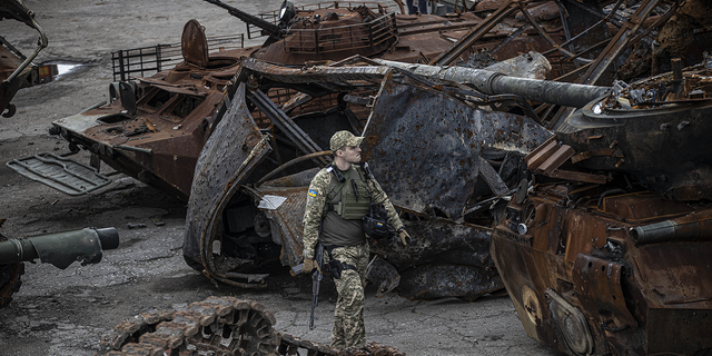 A view of destroyed armored vehicles and tanks belonging to Russian forces after they withdrew from the city of Lyman in the Donetsk region of Ukraine.