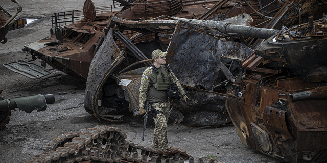 A view of destroyed armored vehicles and tanks belonging to Russian forces after they withdrew from the city of Lyman in the Donetsk region of Ukraine on Oct. 5, 2022.