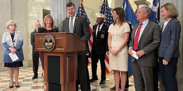 Retired Maj. Gen. Todd McCaffrey speaks at a news conference on Feb. 7, 2023, in Columbia, South Carolina.