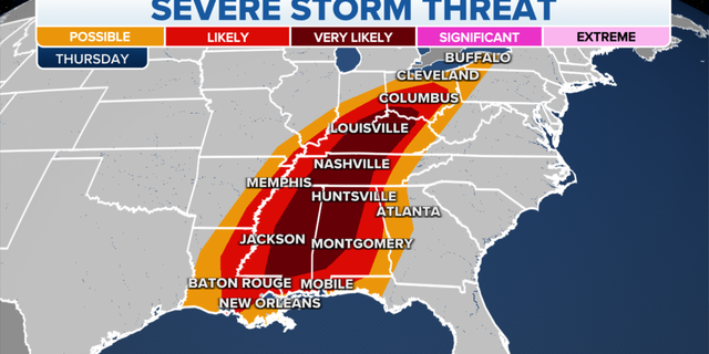 The threat of severe storms in the eastern U.S. on Thursday