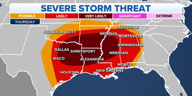 The threat of severe storms in the South on Thursday