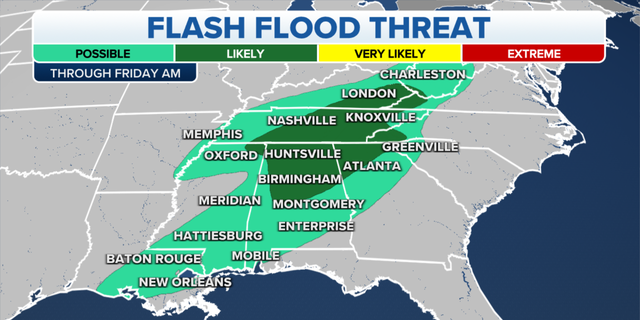 The threat of flash floods through Friday morning in the eastern U.S.