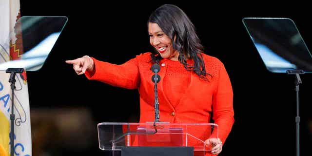 Mayor London Breed gives her state of the city address in San Francisco, California, on Feb. 9, 2023.