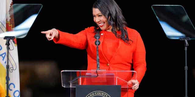 Mayor London Breed gives the State of the City Address in San Francisco, Calif., Thursday, Feb. 9, 2023. (Santiago Mejia/San Francisco Chronicle via AP)