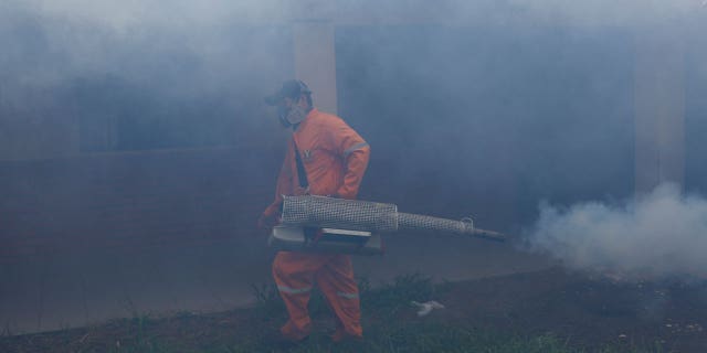 A city worker fumigates for Aedes aegypti mosquitoes inside a school in Santa Cruz, Bolivia, on Feb. 4, 2016.