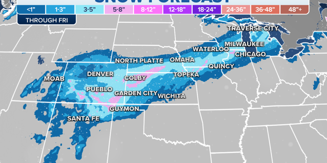 Snow forecast from the Rockies to the Great Lakes through Friday