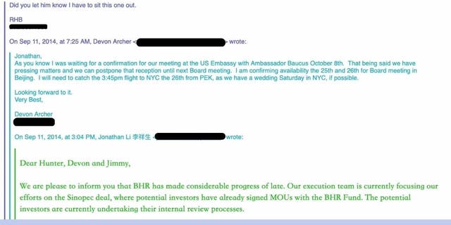 Devon Archer told BHR CEO Jonathan Li in a Sept. 11, 2014, email that he was "waiting for a confirmation for our meeting at the US Embassy with Ambassador Baucus October 8th" while discussing scheduling for the third BHR board meeting later that month in Beijing.