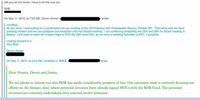 Devon Archer told BHR CEO Jonathan Li in a Sept. 11, 2014, email that he was 