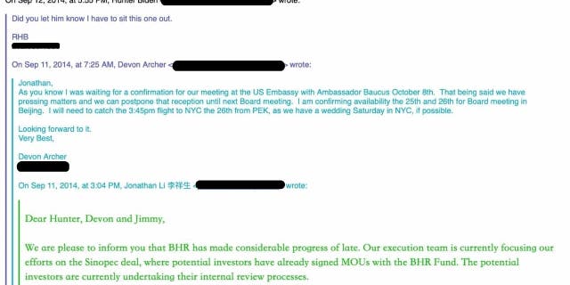 Devon Archer told BHR CEO Jonathan Li in a Sept. 11, 2014, email that he was "waiting for a confirmation for our meeting at the US Embassy with Ambassador Baucus October 8th" while discussing scheduling for the third BHR board meeting later that month in Beijing.