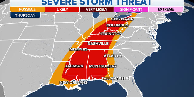 The threat of severe storms from the Gulf Coast to the Ohio Valley