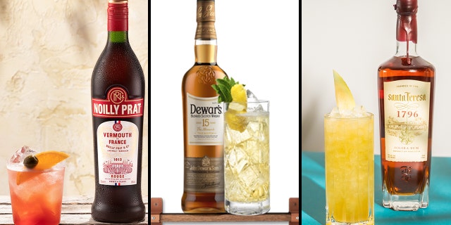 From left to right are three Super Bowl-themed cocktails: Cheers to the Chiefs, Hut Hut Highball and Eagles Energizer.