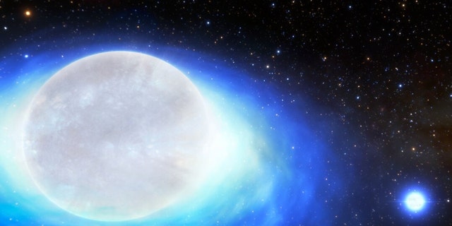 An artist's impression of the first confirmed detection of a star system that will one day form a kilonova - the extremely powerful gold-producing explosion of neutron star mergers.