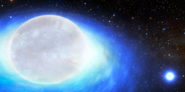 An artist’s impression of the first confirmed detection of a star system that will one day form a kilonova – the ultra-powerful, gold-producing explosion created by merging neutron stars.