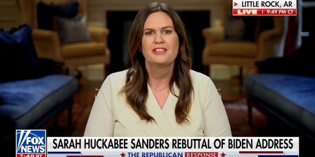 Republican Arkansas Gov. Sarah Sanders delivers the Republican rebuttal to President Biden's State of the Union address on Tuesday, February 7, 2023.