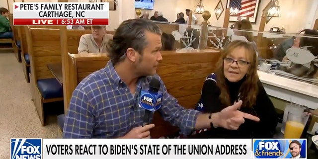 Pete Hegseth of Fox News Channel joined a restaurant customer at the breakfast table to discuss thoughts on Biden's State of the Union address. 