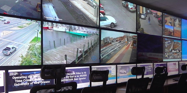 This is a sample of video feeds Project NOLA is able to share publicly. Normally, these screens are showing cameras in crime-ridden neighborhoods so staff can study gang members' movements and interactions. 